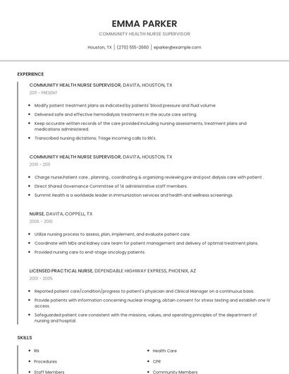 Community Health Nurse Supervisor Resume