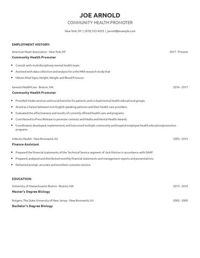 Community Health Promoter Resume