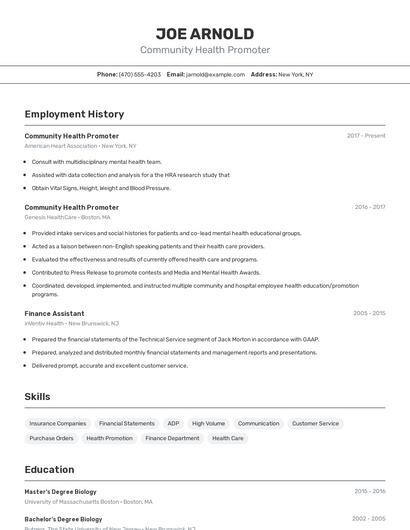 Community Health Promoter Resume