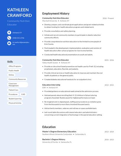 Community Nutrition Educator Resume