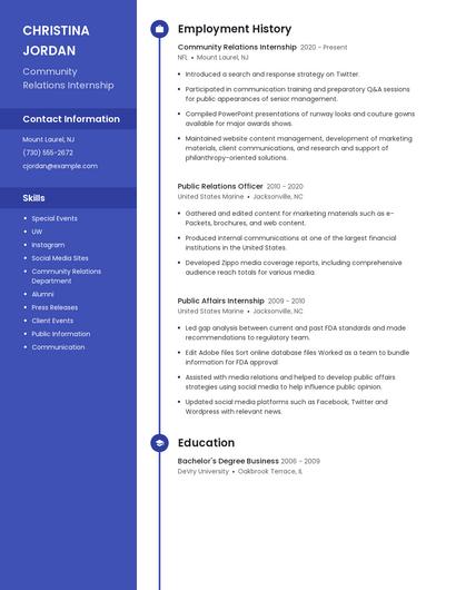Community Relations Internship Resume