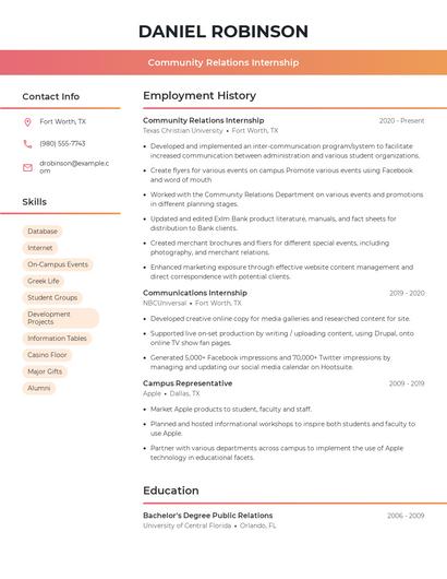 Community Relations Internship Resume
