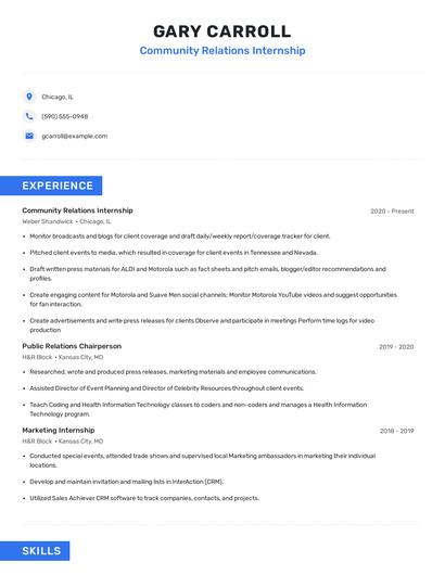 Community Relations Internship Resume
