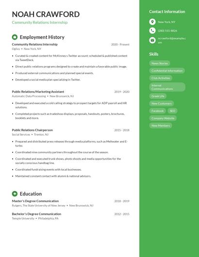 Community Relations Internship Resume