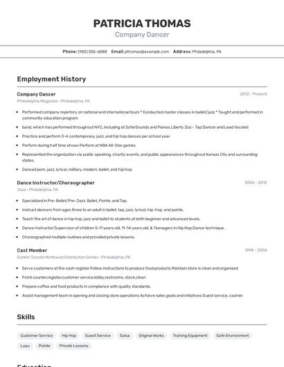 Company Dancer Resume