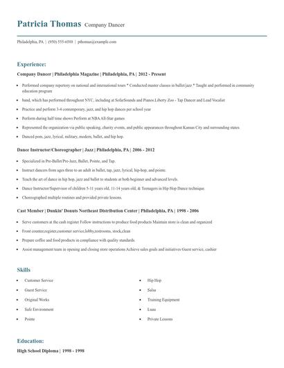 Company Dancer Resume