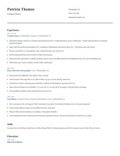 Company Dancer Resume