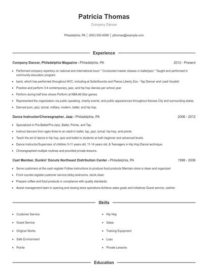 Company Dancer Resume