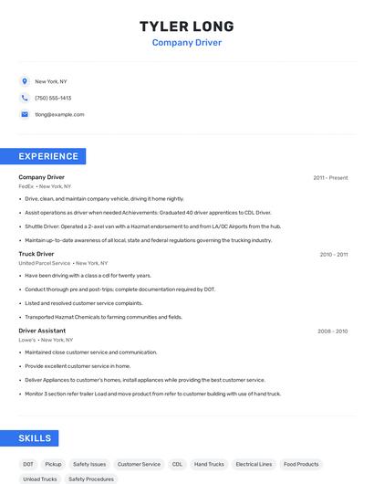 Company Driver Resume