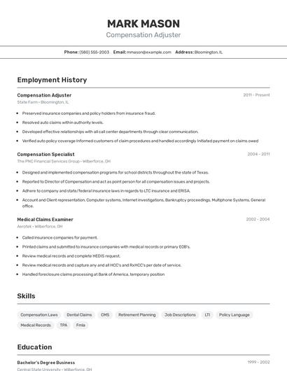 Compensation Adjuster Resume