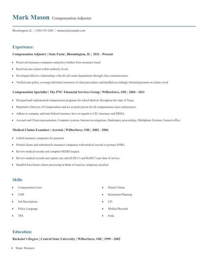 Compensation Adjuster Resume