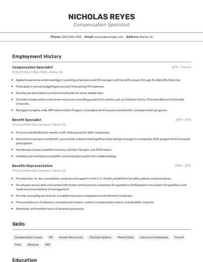 Compensation Specialist Resume