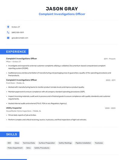 Complaint Investigations Officer Resume