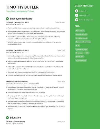 Complaint Investigations Officer Resume