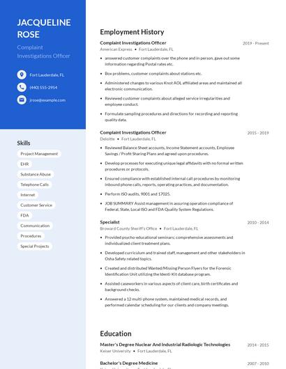 Complaint Investigations Officer Resume