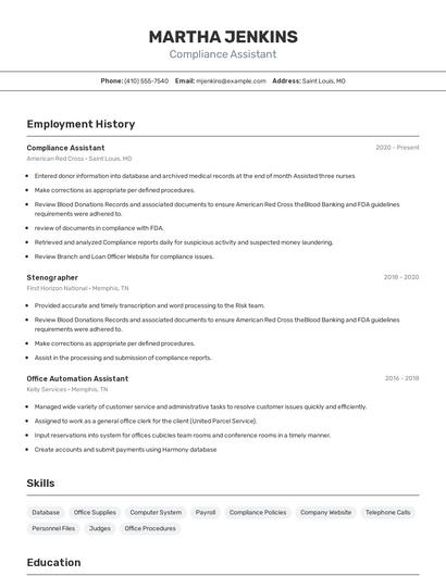 Compliance Assistant Resume