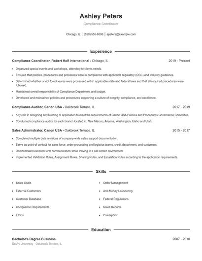 Compliance Coordinator Resume