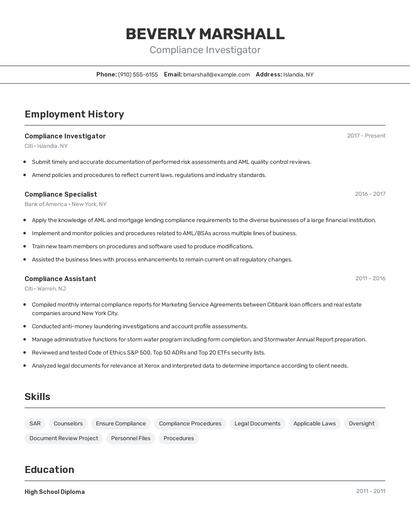 Compliance Investigator Resume