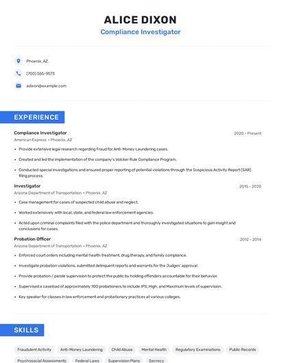 Compliance Investigator Resume