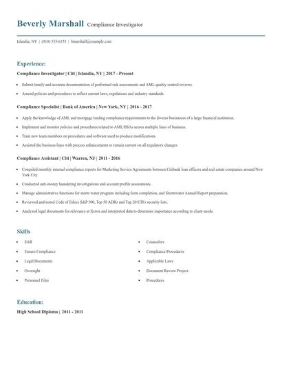Compliance Investigator Resume