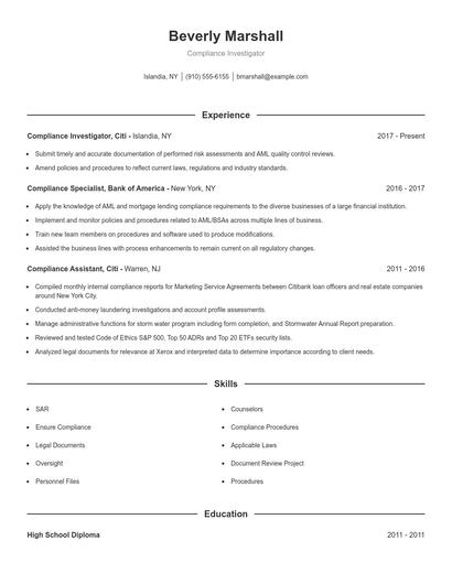 Compliance Investigator Resume