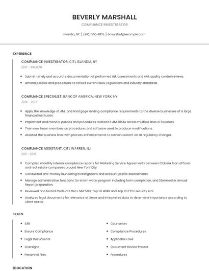 Compliance Investigator Resume