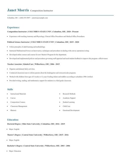 Composition Instructor Resume