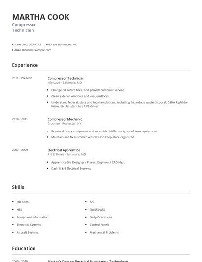 Compressor Technician Resume