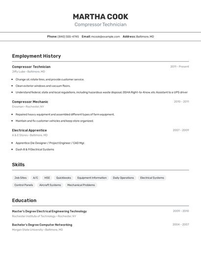 Compressor Technician Resume