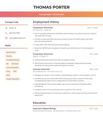 Compressor Technician Resume