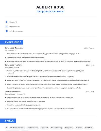 Compressor Technician Resume