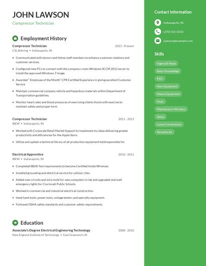 Compressor Technician Resume