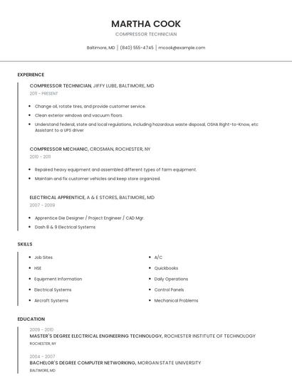 Compressor Technician Resume