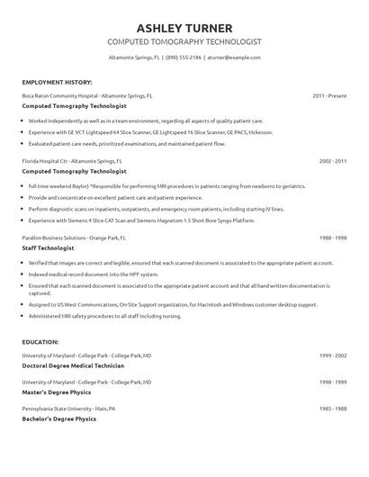 Computed Tomography Technologist Resume