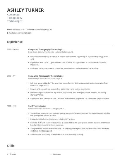 Computed Tomography Technologist Resume
