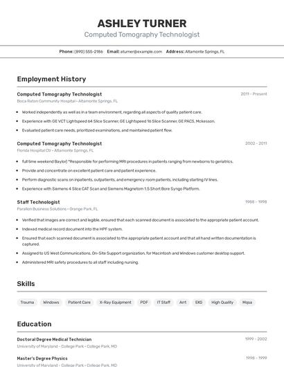 Computed Tomography Technologist Resume
