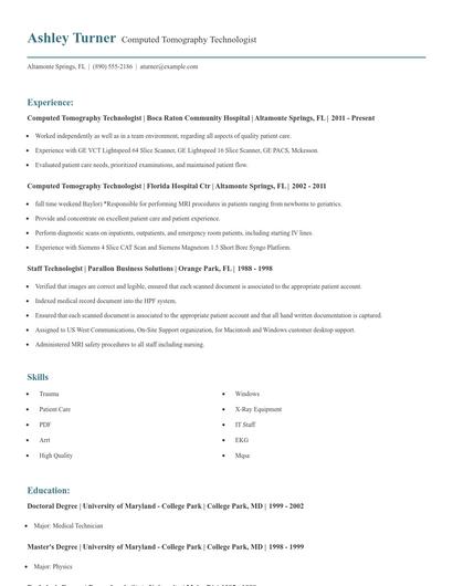 Computed Tomography Technologist Resume