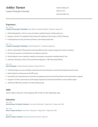 Computed Tomography Technologist Resume