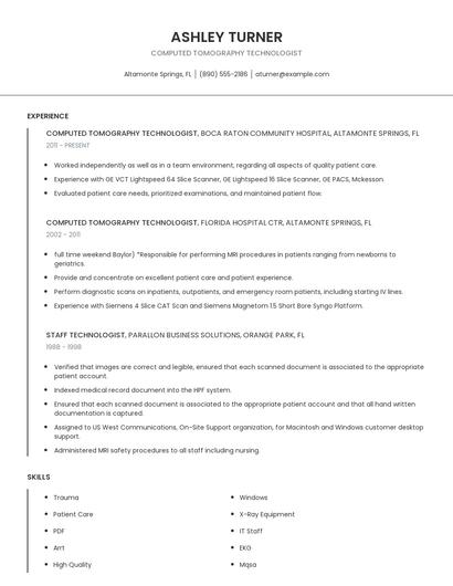 Computed Tomography Technologist Resume