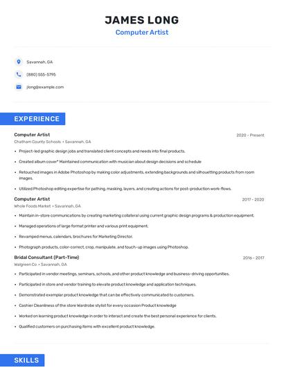 Computer Artist Resume
