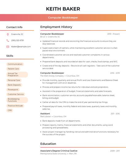 Computer Bookkeeper Resume