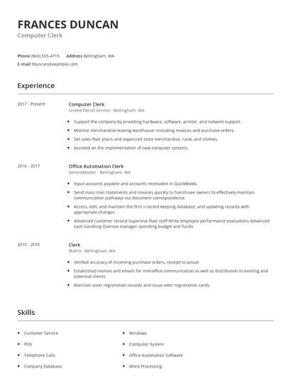 Computer Clerk Resume