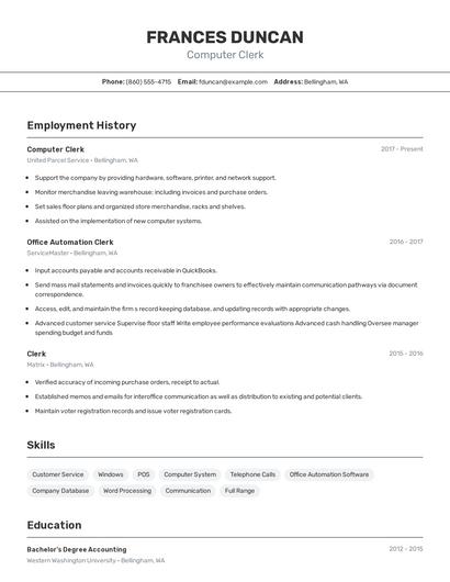 Computer Clerk Resume