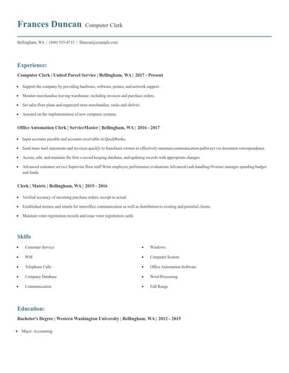 Computer Clerk Resume