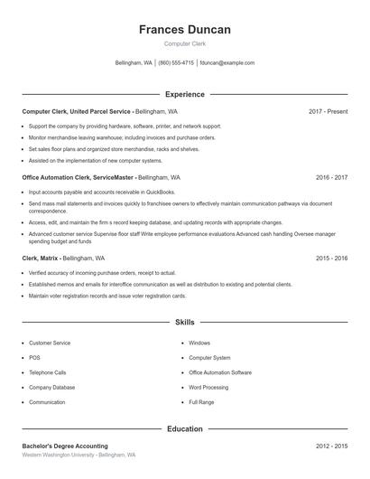 Computer Clerk Resume