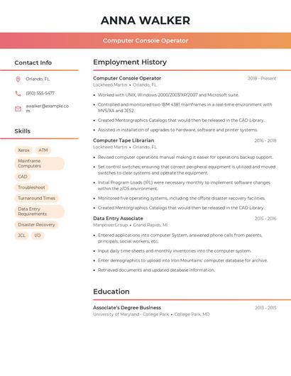 Computer Console Operator Resume