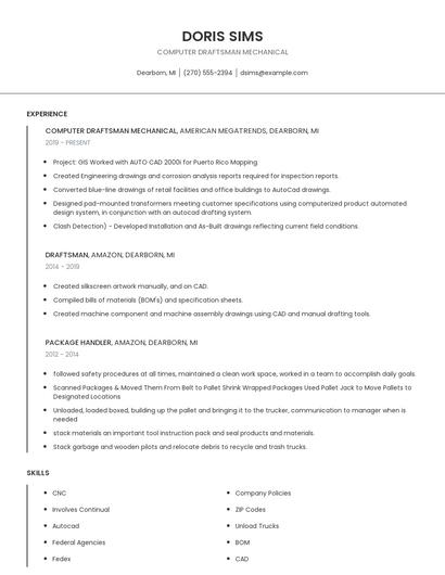 Computer Draftsman Mechanical Resume