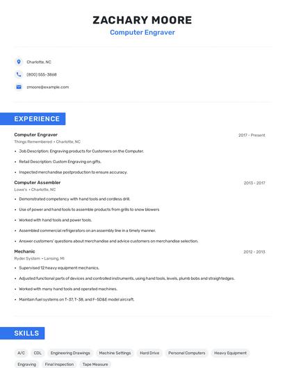 Computer Engraver Resume
