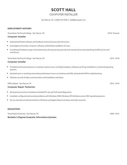 Computer Installer Resume