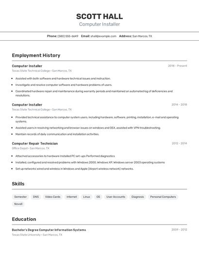 Computer Installer Resume